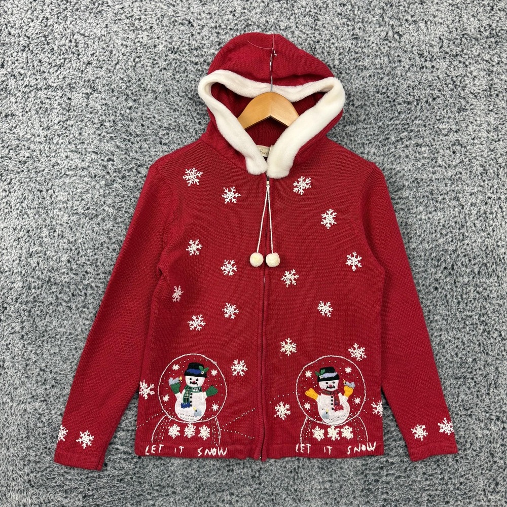 Vintage Christmas Sweater Women Small Hooded Full Zip Snowman Ugly Bobbie Brooks